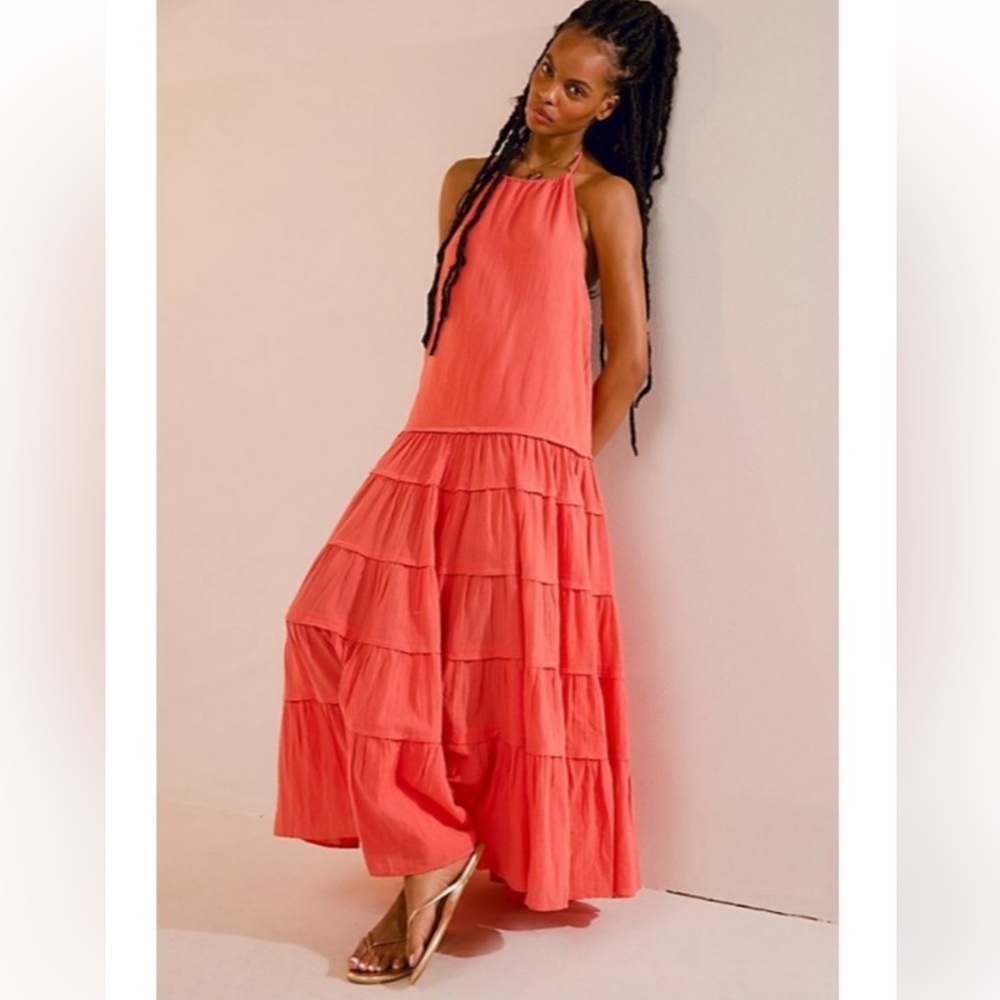 Free People Orange and Pink Tiered Ruffled Maxi Dress